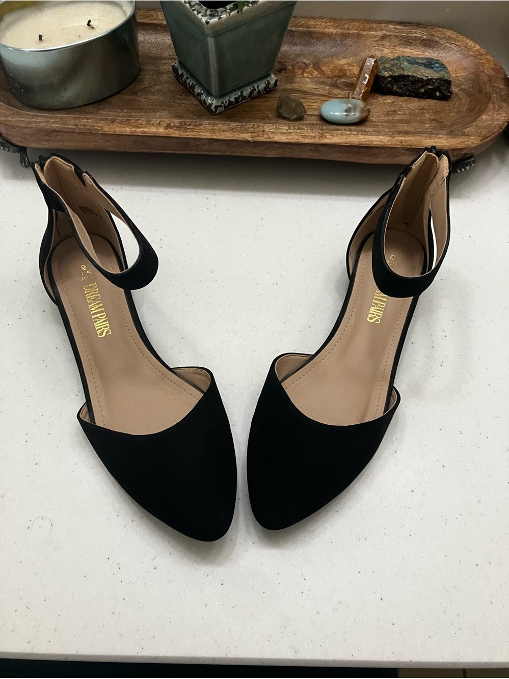NWOT-Dream Pairs Black Pointed Toe Ankle Strap Flats Size 8 D’Orsay -no box